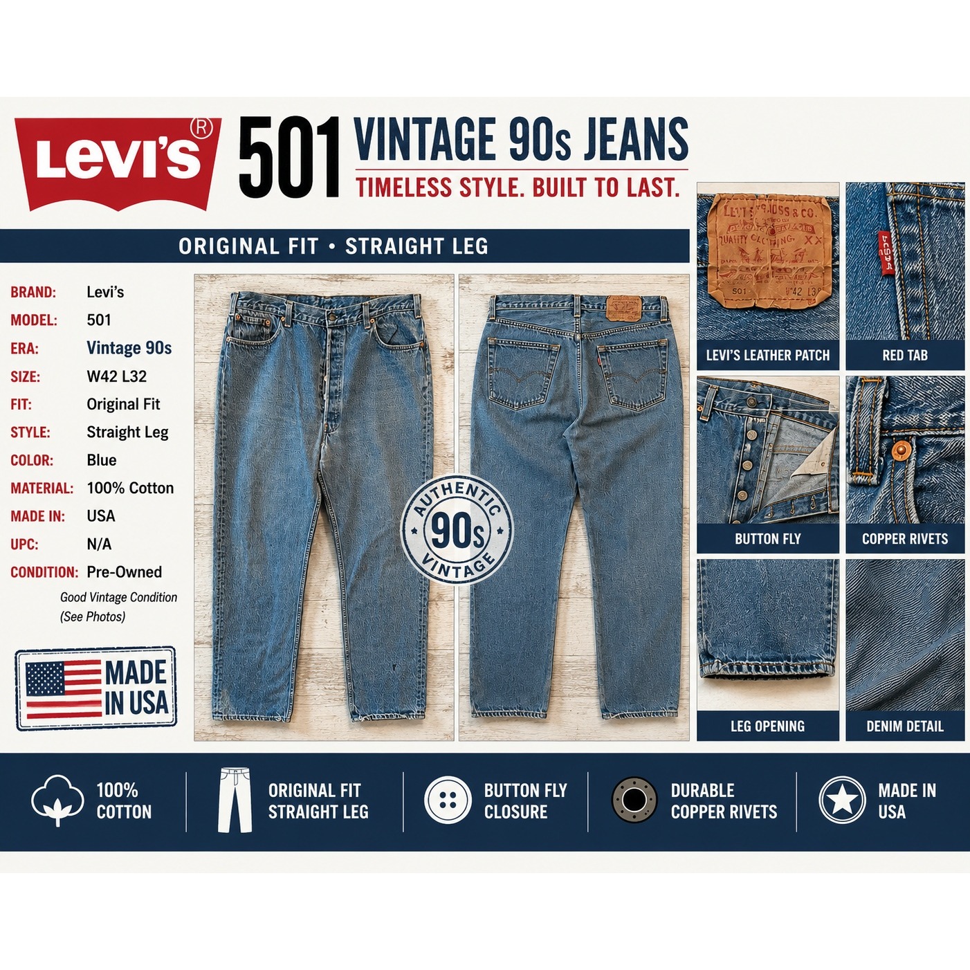 Vtg Levis 501 Mens Blue Denim Jeans Made In Usa W42 L32 Distressed Medium Wash